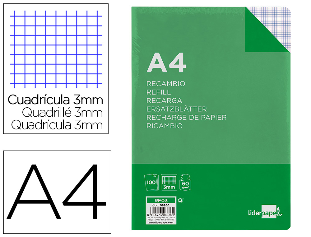 RECAMBIO LIDERPAPEL A4 100 HOJAS 60GR CUADRO 3 MM CON MARGEN 4 TALADROS