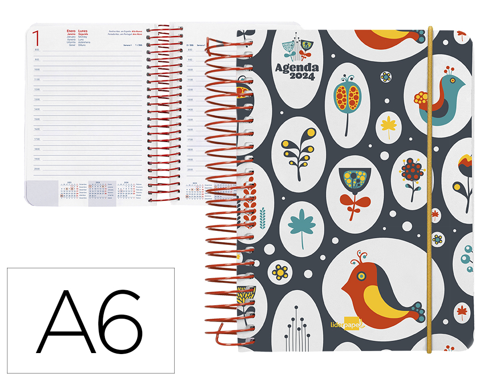 AGENDA ESPIRAL LIDERPAPEL SANTORINI 10,5X14,8 CM 2024 DIA PAGINA PAPEL 60 GR PAJAROS