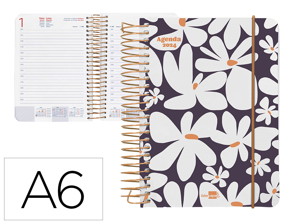 AGENDA ESPIRAL LIDERPAPEL SANTORINI 10,5X14,8 CM 2024 DIA PAGINA PAPEL 60 GR FLORES