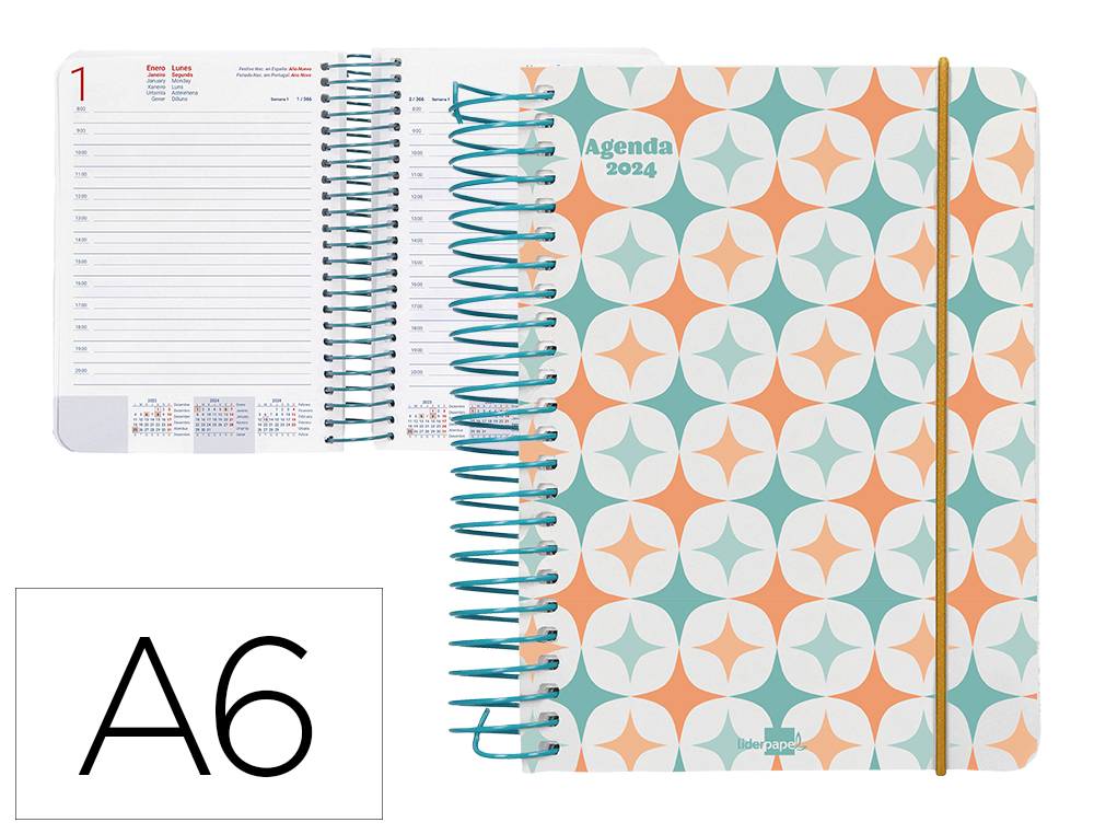 AGENDA ESPIRAL LIDERPAPEL SANTORINI 10,5X14,8 CM 2024 DIA PAGINA PAPEL 60 GR ESTRELLAS
