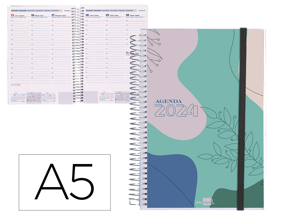 AGENDA ESPIRAL LIDERPAPEL TINOS A5 2024 SEMANA VISTA PORTADA POLIPROPILENO PERSONALIZABLE PAPEL 70 GR