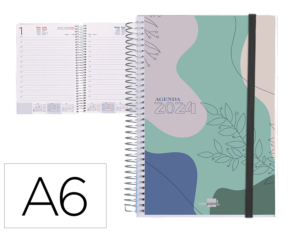 AGENDA ESPIRAL LIDERPAPEL TINOS A6 2024 DIA PAGINA PORTADA POLIPROPILENO PERSONALIZABLE PAPEL 70 GR