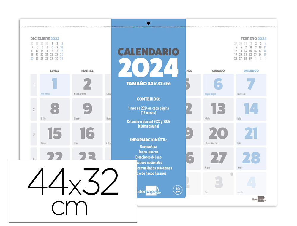 CALENDARIO PARED LIDERPAPEL CLASICO 2024 LOMO ENGOMADO 44X32 CM PAPEL 70 GR