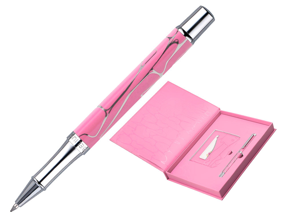 BOLIGRAFO Y WALLET BELIUS COCKTAILS COSMOPOLITAN ALUMINIO ROSA PLATEADO RELIEVETINTA COLOR AZUL CAJA DISEO