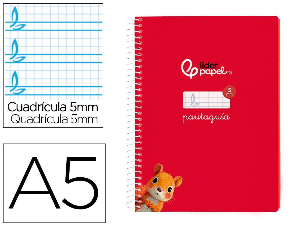 CUADERNO ESPIRAL LIDERPAPEL A5 PAUTAGUIA TAPA BLANDA 40H 75GR CUADRO PAUTADO 5MM COLOR ROJO