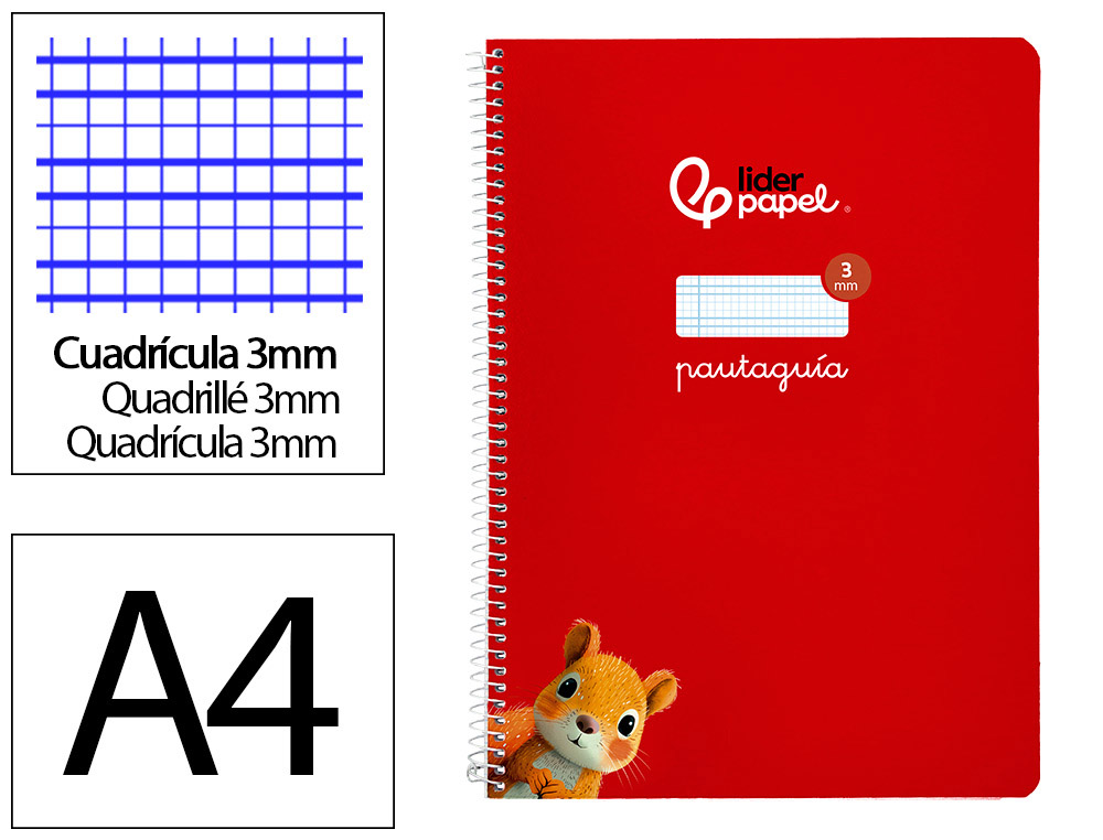 CUADERNO ESPIRAL LIDERPAPEL A4 PAUTAGUIA TAPA BLANDA 80H 75GR CUADRO PAUTADO 3MM COLOR ROJO