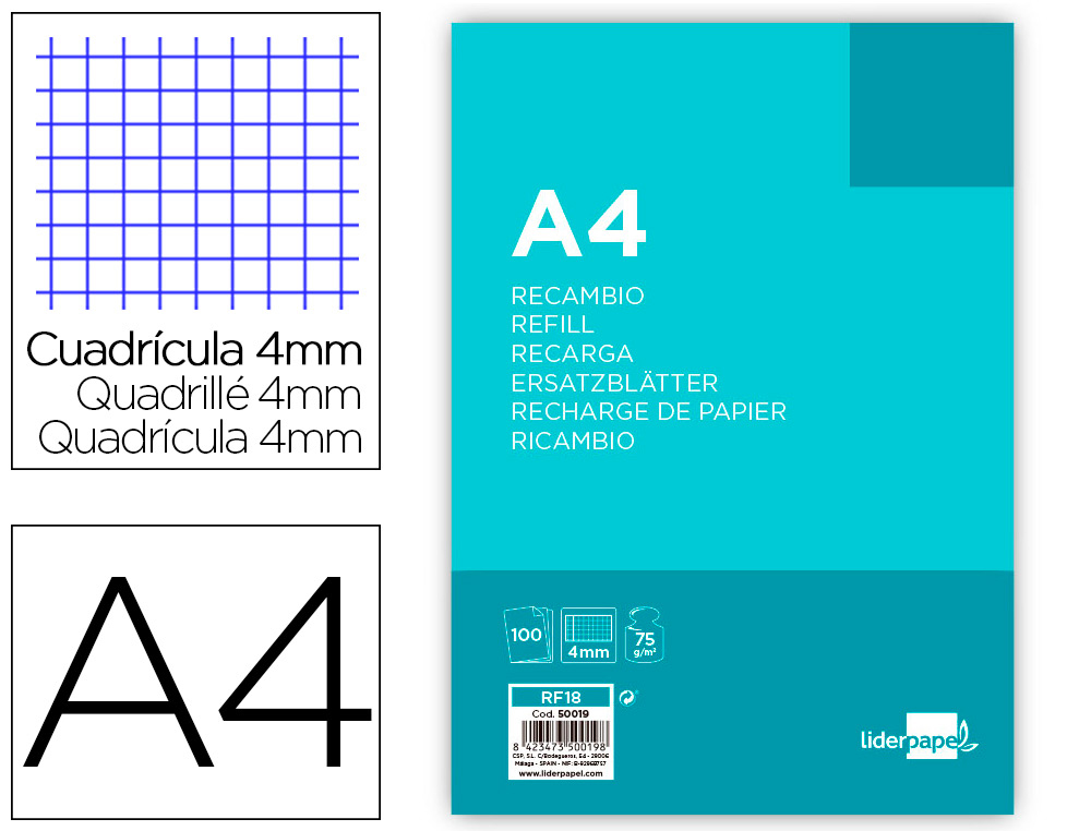 RECAMBIO LIDERPAPEL A4 100 HOJAS 75GR CUADRO 4MM CON MARGEN 4 TALADROS