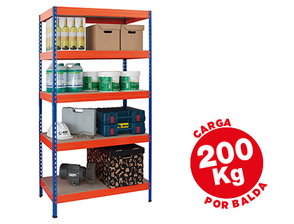 ESTANTERIA METALICA AR STORAGE 192X90X45 CM 5 ESTANTES 220KG POR ESTANTE BANDEJAS DE MADERASIN TORNILLOS AZUL NARANJA