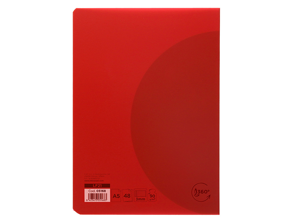 LIBRETA LIDERPAPEL 360 TAPA DE PLASTICO A5 48 HOJAS 90GR CUADRO 3MM CON MARGEN COLORES SURTIDOS