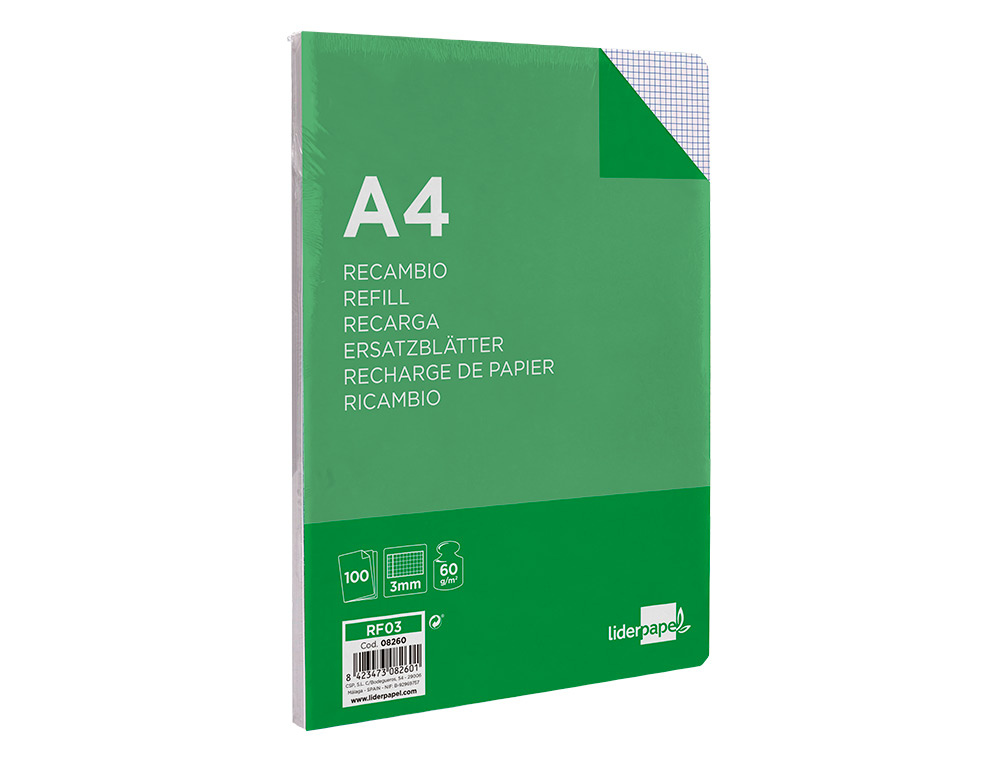 RECAMBIO LIDERPAPEL A4 100 HOJAS 60GR CUADRO 3 MM CON MARGEN 4 TALADROS