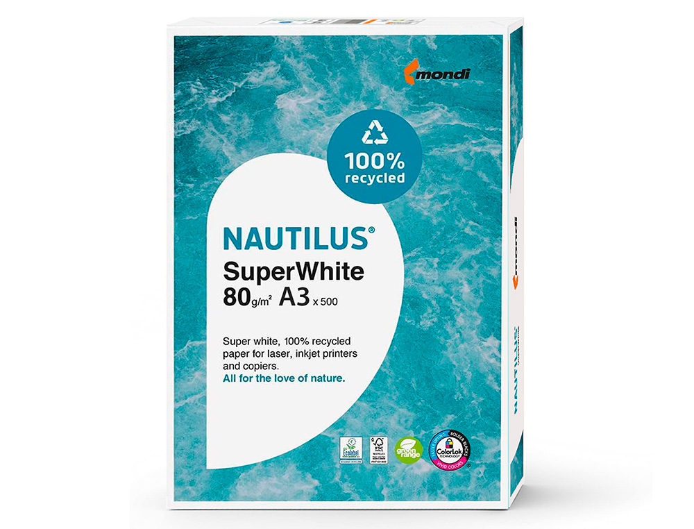 PAPEL FOTOCOPIADORA NAUTILUS SUPERWHITE 100% RECICLADO DIN A3 80 GRAMOS PAQUETE DE 500 HOJAS