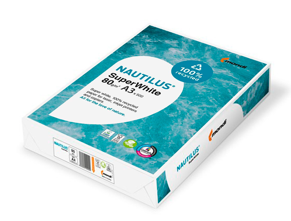 PAPEL FOTOCOPIADORA NAUTILUS SUPERWHITE 100% RECICLADO DIN A3 80 GRAMOS PAQUETE DE 500 HOJAS