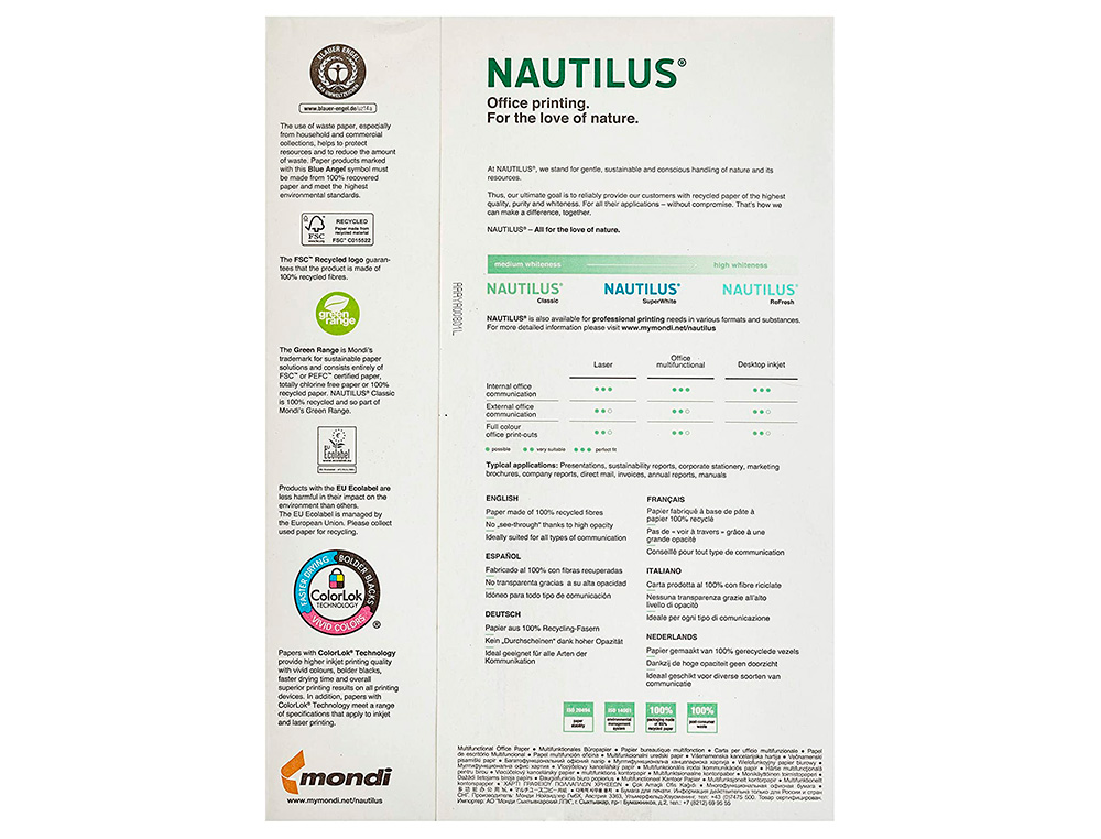 PAPEL FOTOCOPIADORA NAUTILUS SUPERWHITE 100% RECICLADO DIN A3 80 GRAMOS PAQUETE DE 500 HOJAS
