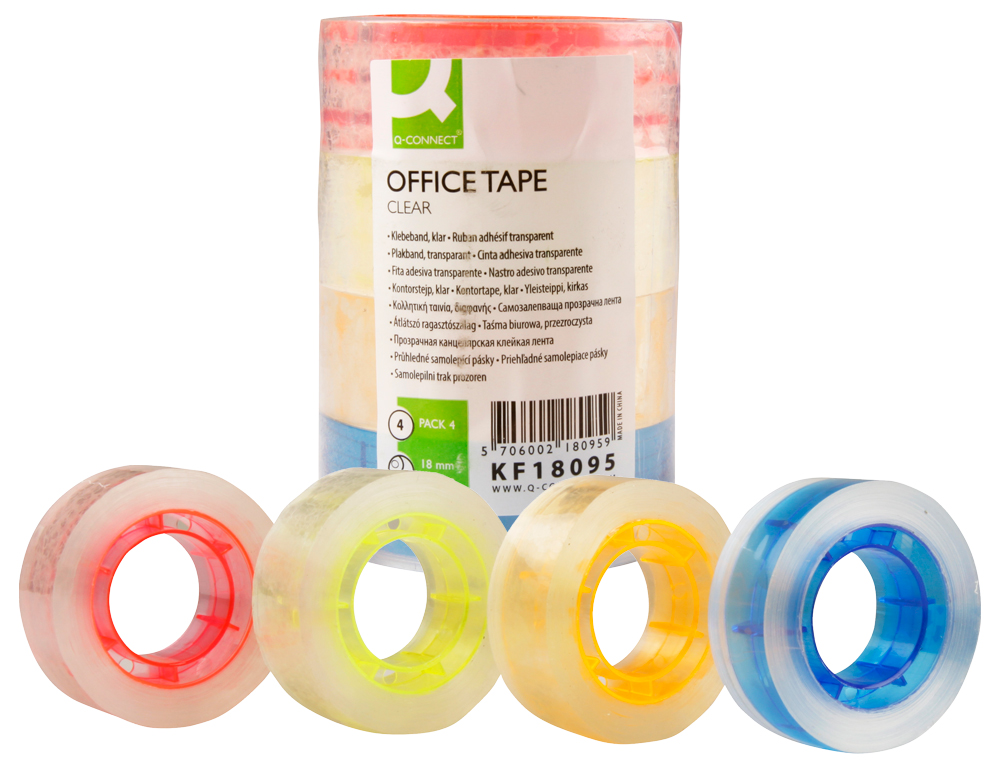 CINTA ADHESIVA Q-CONNECT TRANSPARENTE 25 MT X 18 MM CON MADRIL DE COLOR PACK DE 4 UNIDADES
