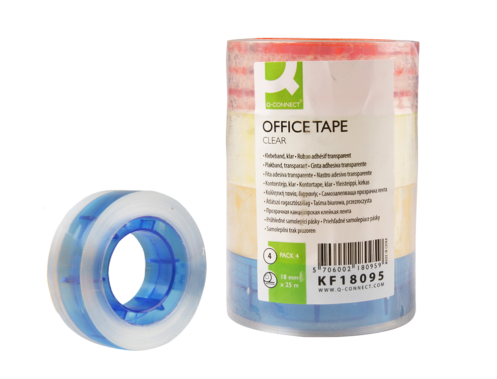 CINTA ADHESIVA Q-CONNECT TRANSPARENTE 25 MT X 18 MM CON MADRIL DE COLOR PACK DE 4 UNIDADES