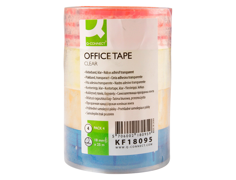 CINTA ADHESIVA Q-CONNECT TRANSPARENTE 25 MT X 18 MM CON MADRIL DE COLOR PACK DE 4 UNIDADES