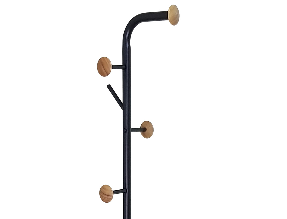 PERCHERO METALICO Q-CONNECT NEGRO CON DETALLES DE MADERA 6 COLGADORES Y PARAGUERO 174X28,5 CM