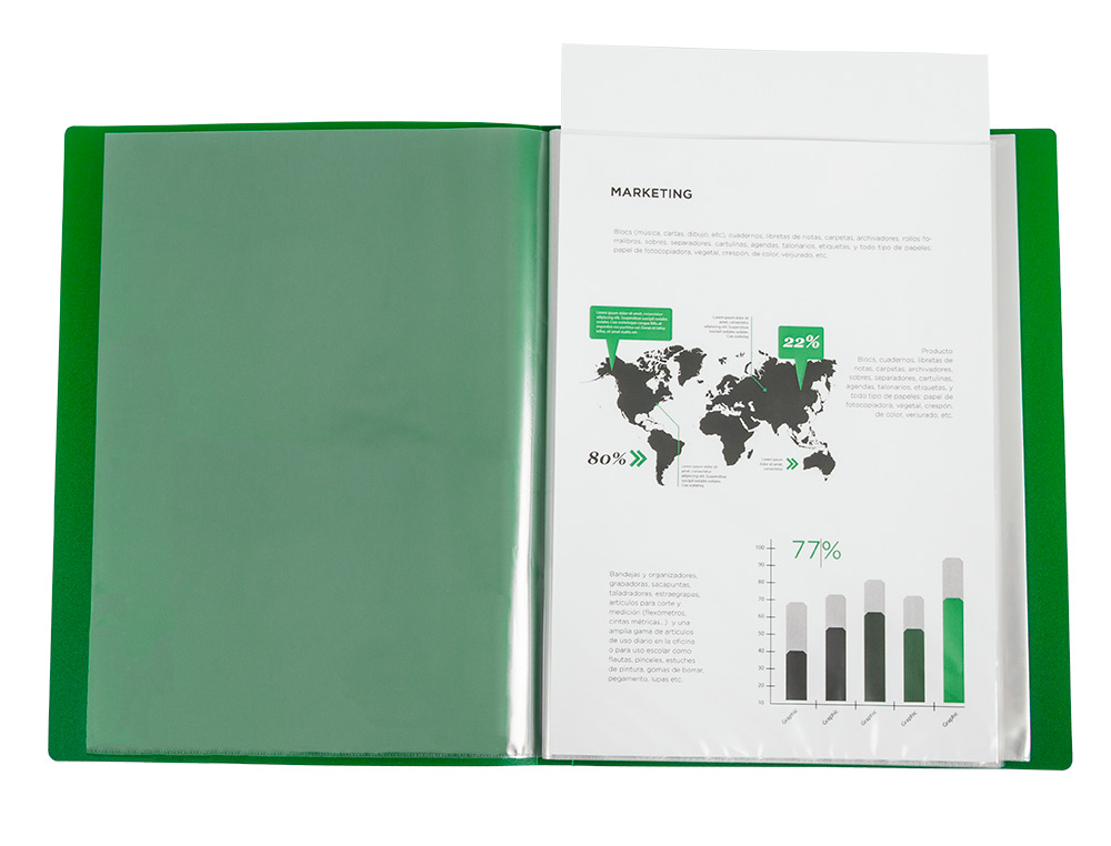 CARPETA LIDERPAPEL 60 FUNDAS CANGURO PP DIN A4 VERDE TRANSLUCIDO PORTADA Y LOMO PERSONALIZABLE