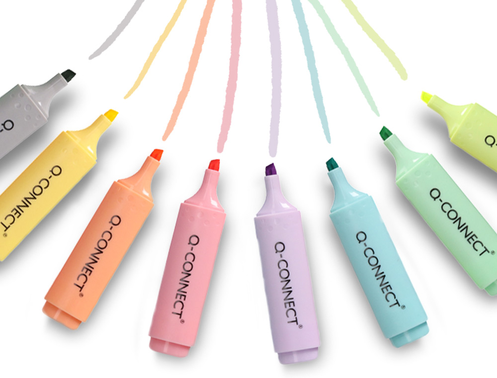 ROTULADOR Q-CONNECT FLUORESCENTE PASTEL PUNTA BISELADA ESTUCHE DE SOBREMESA 8 COLORES SURTIDOS