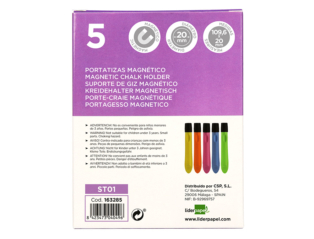 PORTATIZAS PLASTICO LIDERPAPEL MAGNETICO COLORES SURTIDOS CAJA DE 5 UNIDADES
