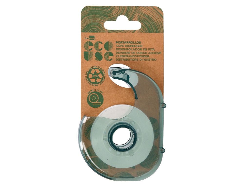 MINIPORTARROLLO LIDERPAPEL ECOUSE 100% PLASTICO RECICLADO PARA CINTA DE 33 MT X 19 MM