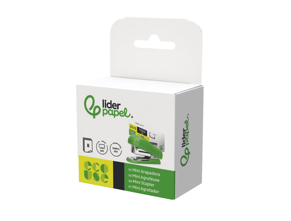 GRAPADORA LIDERPAPEL ECOUSE MINI CAPACIDAD 12 HOJAS 100% PLASTICO RECICLADO CON CAJA DE 1000 GRAPAS 26/6