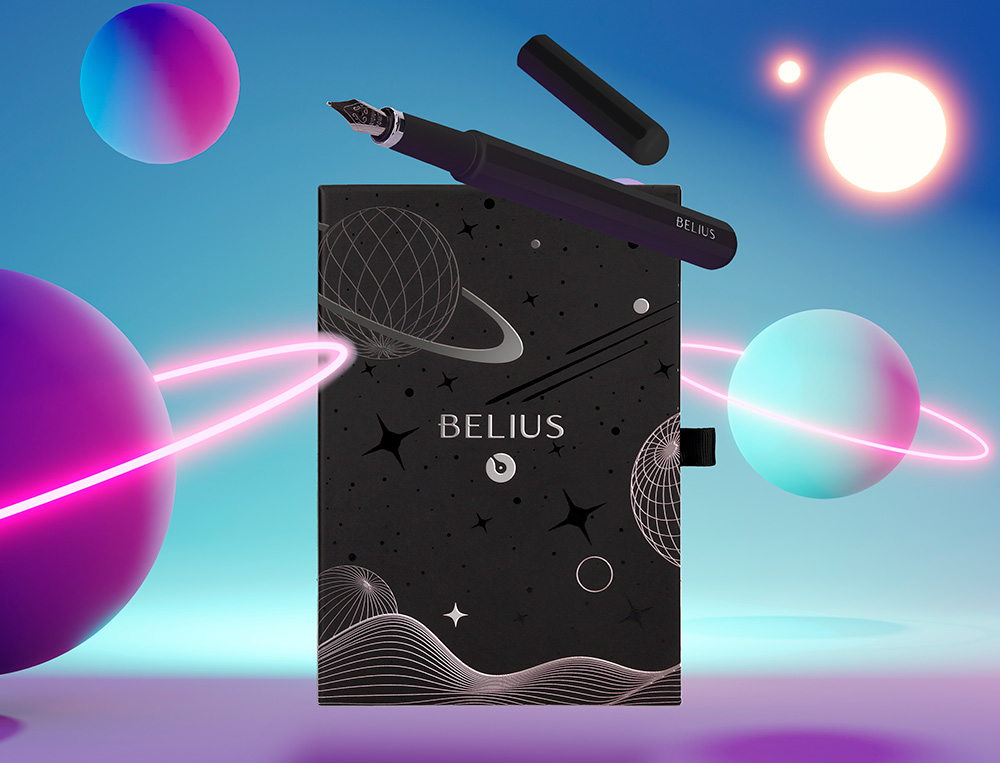 PLUMA Y FUNDA DE SIMILPIEL BELIUS SPACE B COLOR MINIMALISTA NEGRO TINTA AZUL CAJA DE DISEO