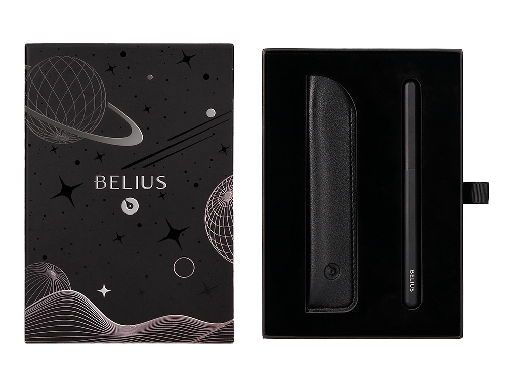 PLUMA Y FUNDA DE SIMILPIEL BELIUS SPACE B COLOR MINIMALISTA NEGRO TINTA AZUL CAJA DE DISEO