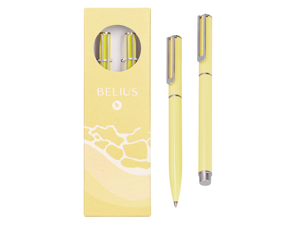 JUEGO BOLIGRAFO Y ROLLER BELIUS ENDLESS SUMMER ALUMINIO COLOR AMARILLO Y PLATEADO TINTA AZUL CAJA DE DISEO