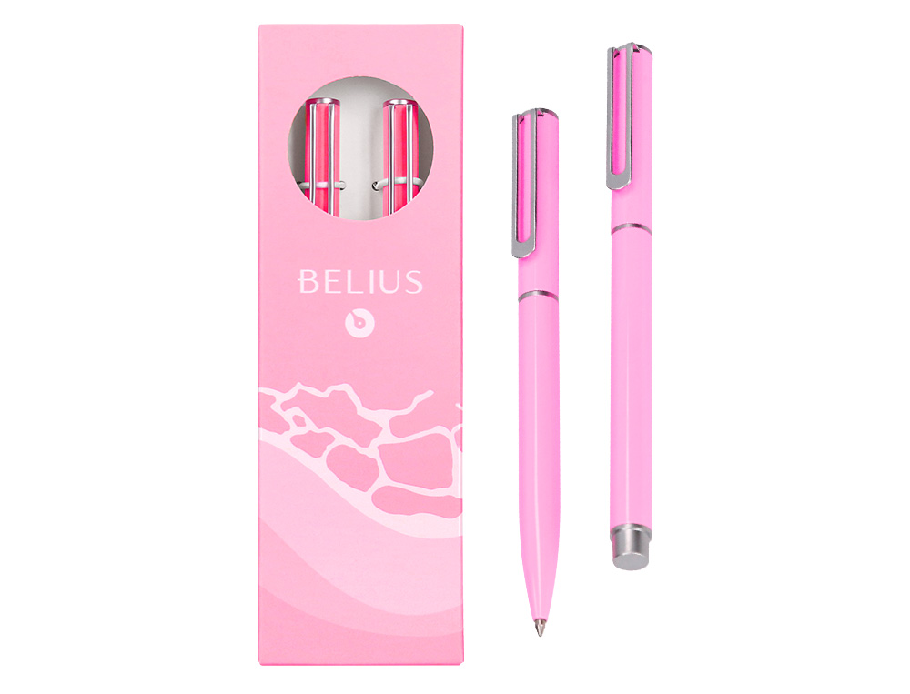 JUEGO BOLIGRAFO Y ROLLER BELIUS ENDLESS SUMMER ALUMINIO COLOR ROSA Y PLATEADO TINTA AZUL CAJA DE DISEO