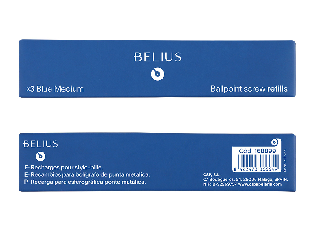 RECAMBIO BOLIGRAFO BELIUS AZUL 0,8 MM CAJA 3 UNIDADES