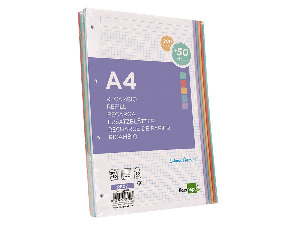 RECAMBIO LIDERPAPEL A4 200+50 HOJAS 90GR CUADRO 5MM 4 TALADROS BANDAS DE 5 COLORES