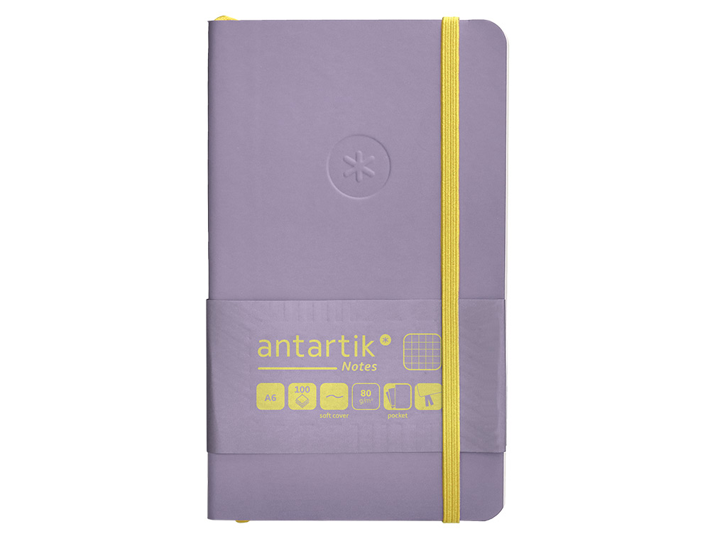CUADERNO CON GOMILLA ANTARTIK NOTES TAPA BLANDA A6 CUADRICULA MORADO Y AMARILLO 100 HOJAS 80 GR FSC