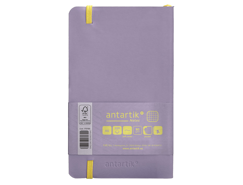 CUADERNO CON GOMILLA ANTARTIK NOTES TAPA BLANDA A6 CUADRICULA MORADO Y AMARILLO 100 HOJAS 80 GR FSC