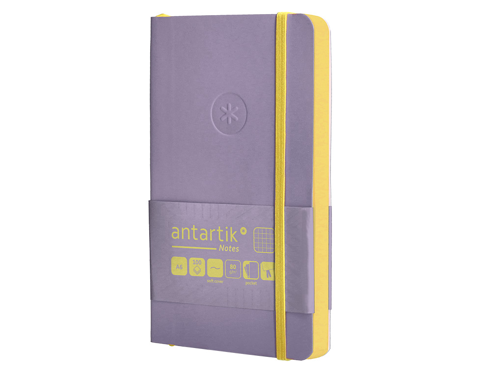 CUADERNO CON GOMILLA ANTARTIK NOTES TAPA BLANDA A6 CUADRICULA MORADO Y AMARILLO 100 HOJAS 80 GR FSC
