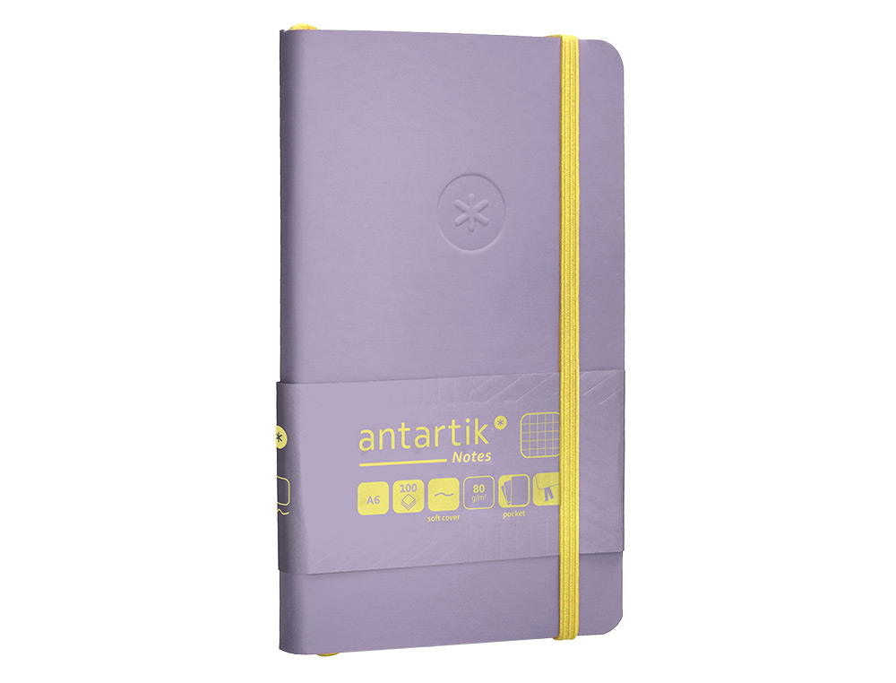 CUADERNO CON GOMILLA ANTARTIK NOTES TAPA BLANDA A6 CUADRICULA MORADO Y AMARILLO 100 HOJAS 80 GR FSC