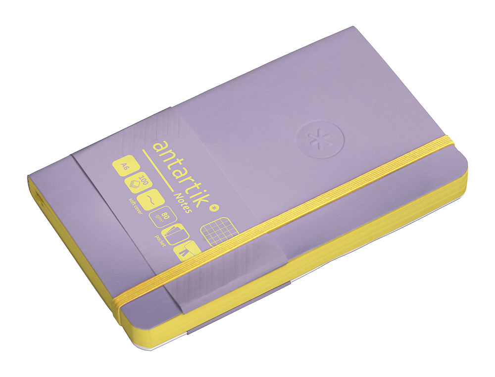 CUADERNO CON GOMILLA ANTARTIK NOTES TAPA BLANDA A6 CUADRICULA MORADO Y AMARILLO 100 HOJAS 80 GR FSC