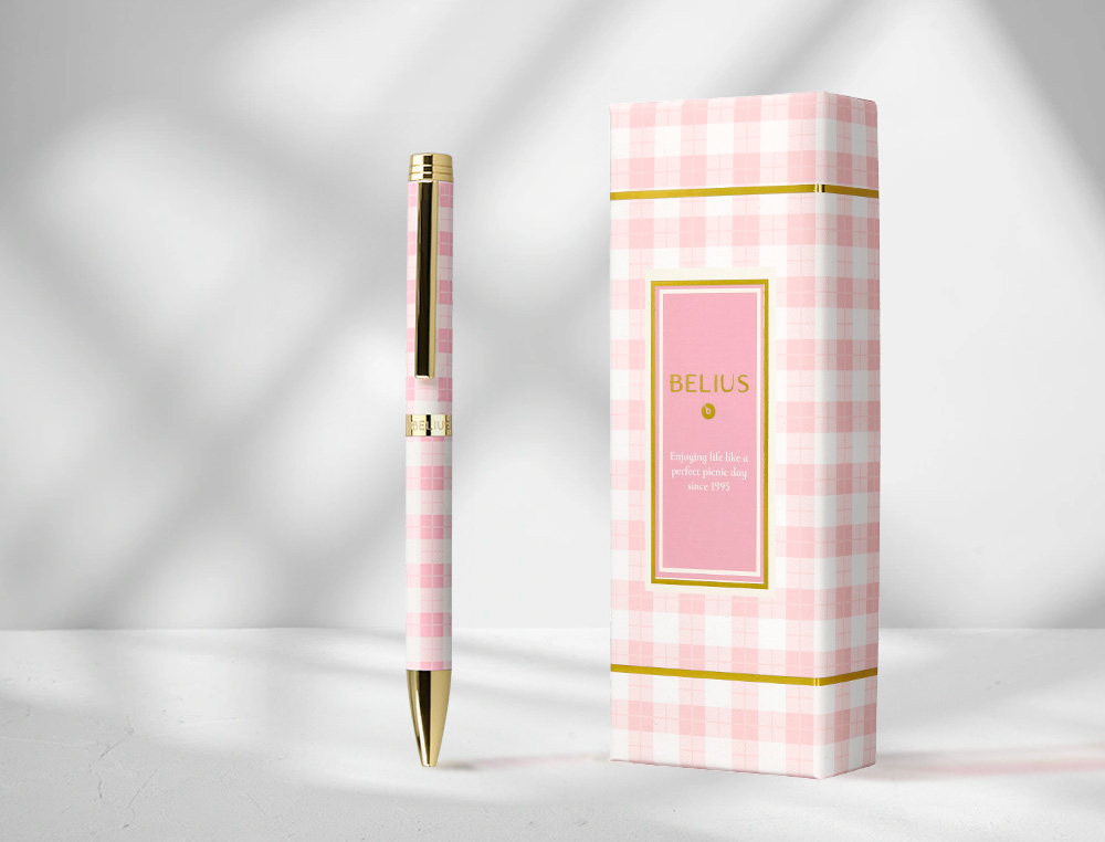 BOLIGRAFO BELIUS PICNIC ALUMINIO COLOR ROSA DORADO TINTA COLOR AZUL CAJA DE DISEO