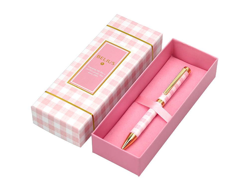 BOLIGRAFO BELIUS PICNIC ALUMINIO COLOR ROSA DORADO TINTA COLOR AZUL CAJA DE DISEO