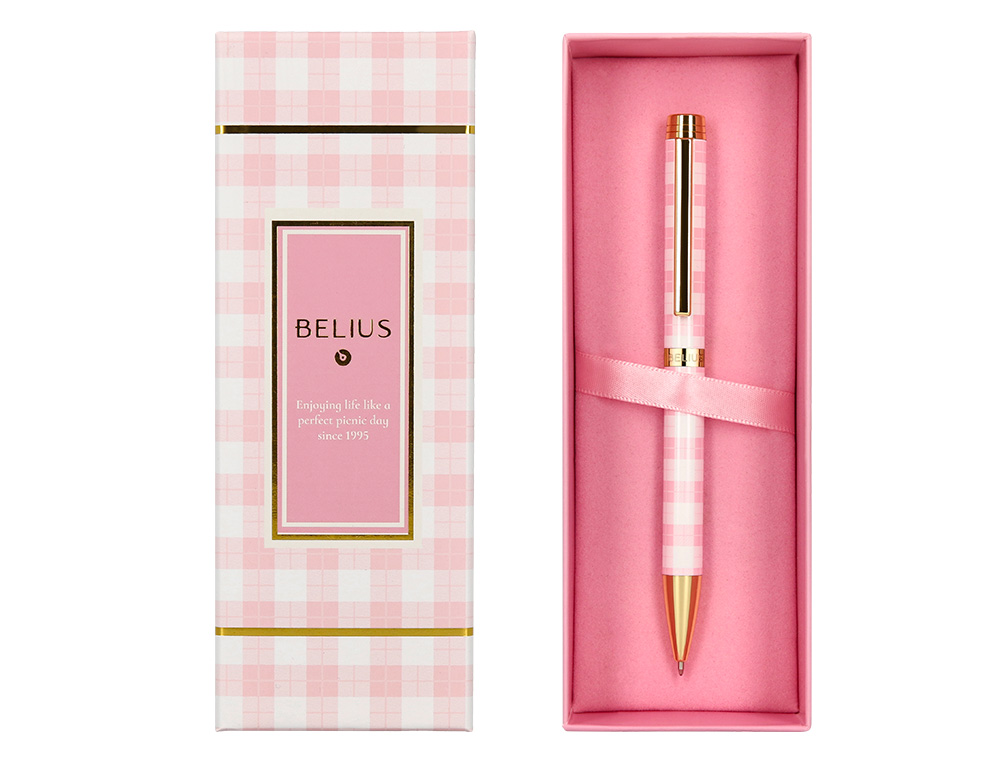 BOLIGRAFO BELIUS PICNIC ALUMINIO COLOR ROSA DORADO TINTA COLOR AZUL CAJA DE DISEO