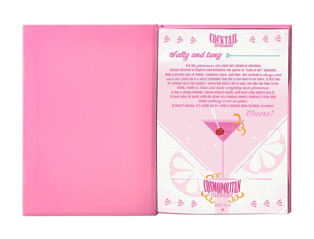 BOLIGRAFO Y WALLET BELIUS COCKTAILS COSMOPOLITAN ALUMINIO ROSA PLATEADO RELIEVETINTA COLOR AZUL CAJA DISEÑO