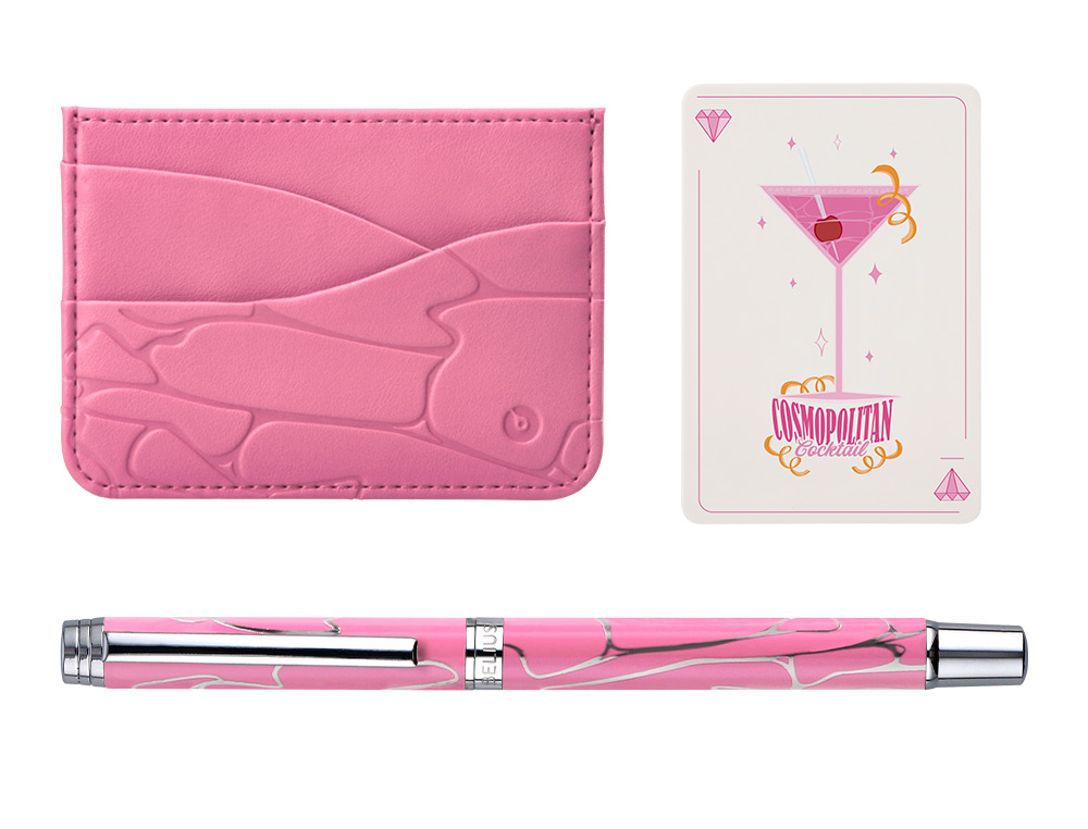 BOLIGRAFO Y WALLET BELIUS COCKTAILS COSMOPOLITAN ALUMINIO ROSA PLATEADO RELIEVETINTA COLOR AZUL CAJA DISEÑO
