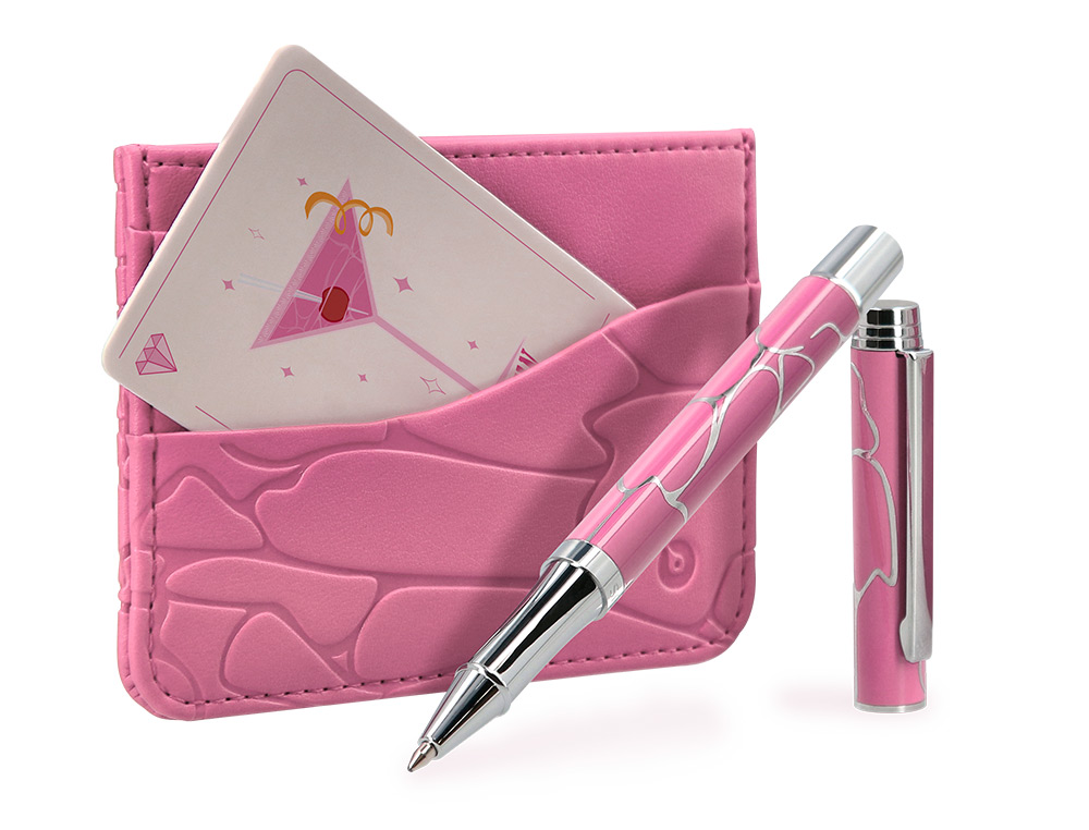 BOLIGRAFO Y WALLET BELIUS COCKTAILS COSMOPOLITAN ALUMINIO ROSA PLATEADO RELIEVETINTA COLOR AZUL CAJA DISEÑO
