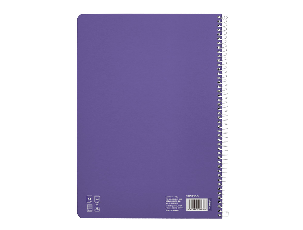 CUADERNO ESPIRAL LIDERPAPEL A4 PAUTAGUIA TAPA DURA 80H 90GR CUADRO PAUTADO 4MM COLOR LILA