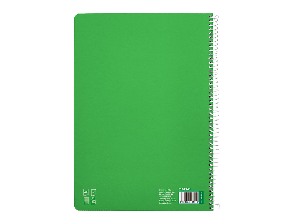 CUADERNO ESPIRAL LIDERPAPEL A4 PAUTAGUIA TAPA DURA 80H 90GR CUADRO PAUTADO 4MM COLOR VERDE
