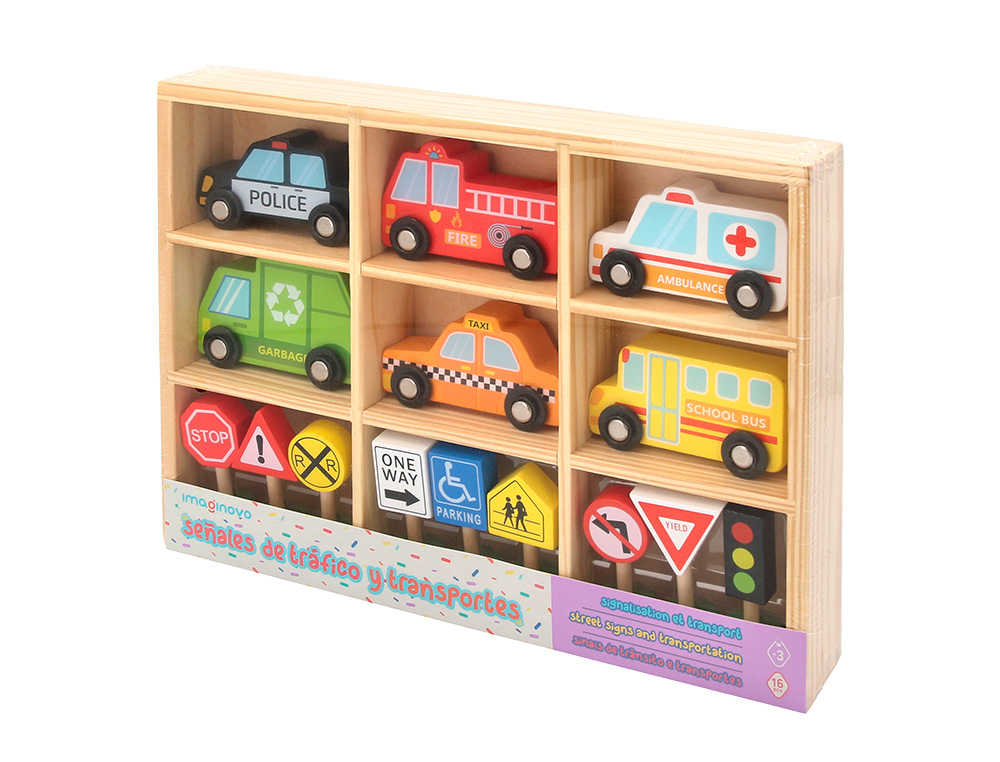 JUEGO INFANTIL IMAGINOVO MADERA VEHICULOS Y SEALES DE TRAFICO +3 AOS 16 PIEZAS 30X22X4CM