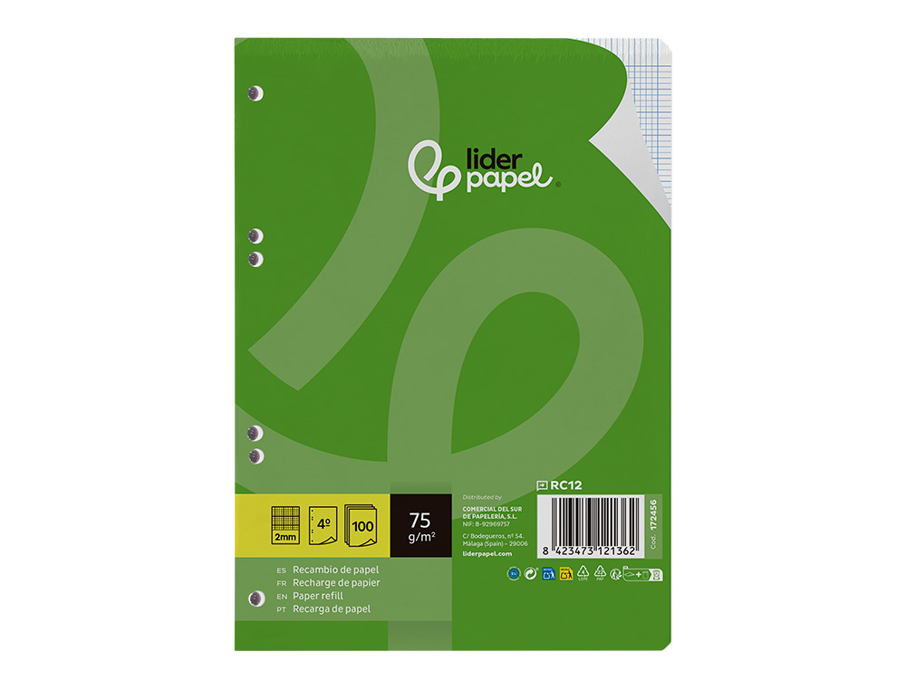 RECAMBIO LIDERPAPEL DIN A5 100 HOJAS 75 GR MILIMETRADO SIN MARGEN 6 TALADROS