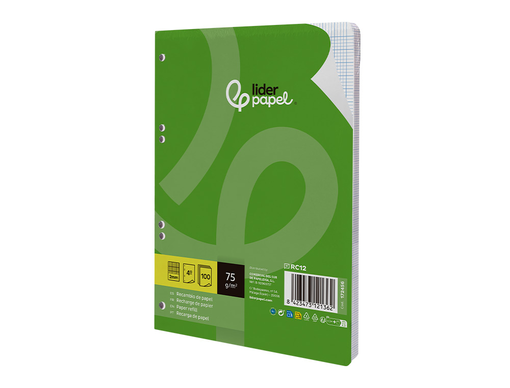 RECAMBIO LIDERPAPEL DIN A5 100 HOJAS 75 GR MILIMETRADO SIN MARGEN 6 TALADROS