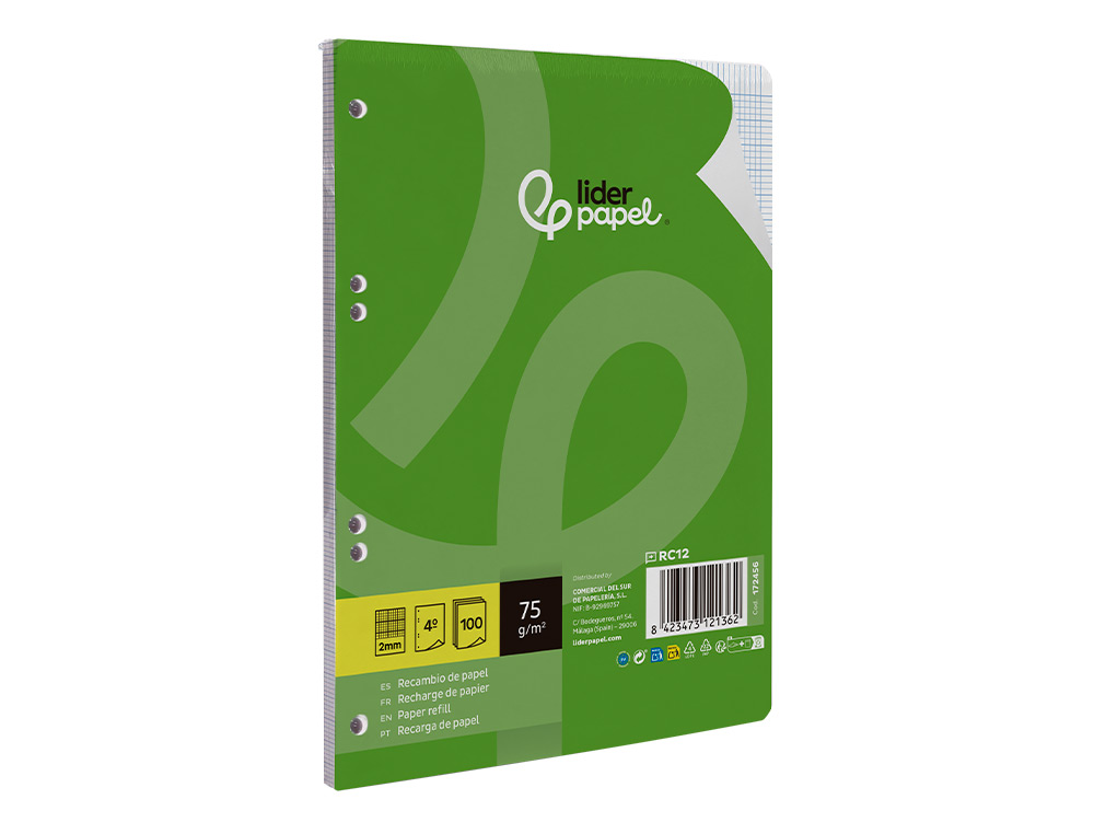 RECAMBIO LIDERPAPEL DIN A5 100 HOJAS 75 GR MILIMETRADO SIN MARGEN 6 TALADROS