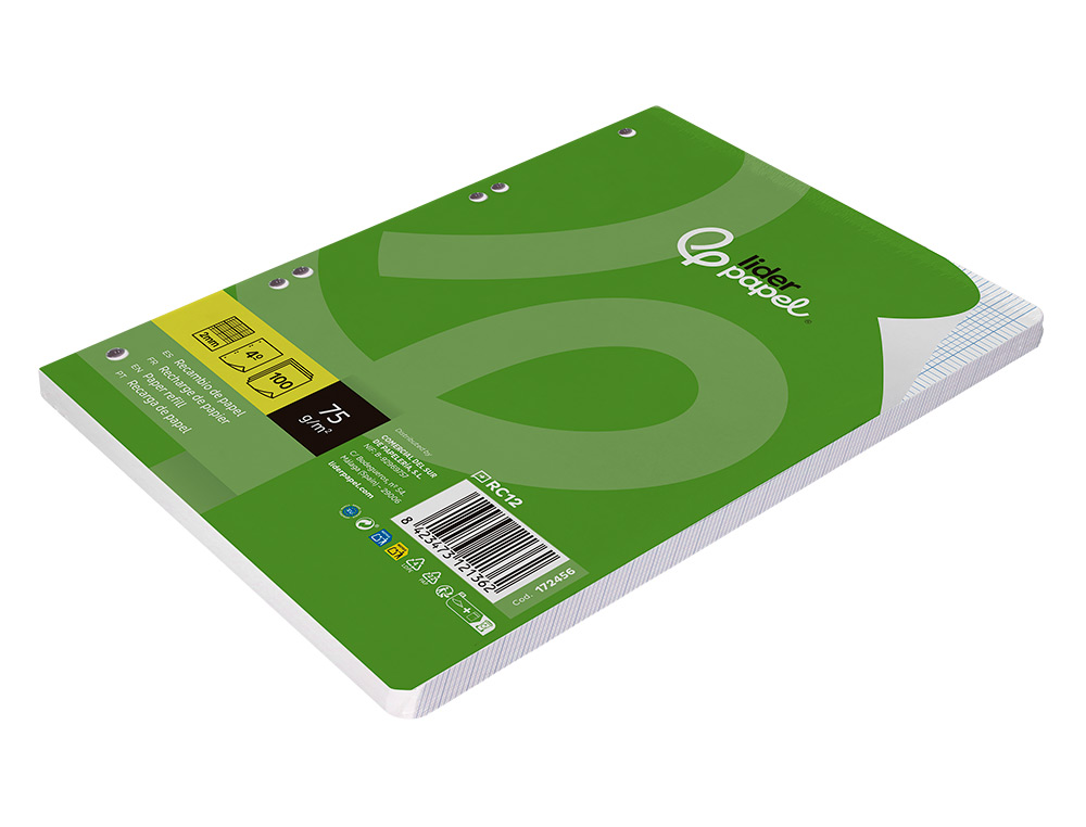 RECAMBIO LIDERPAPEL DIN A5 100 HOJAS 75 GR MILIMETRADO SIN MARGEN 6 TALADROS